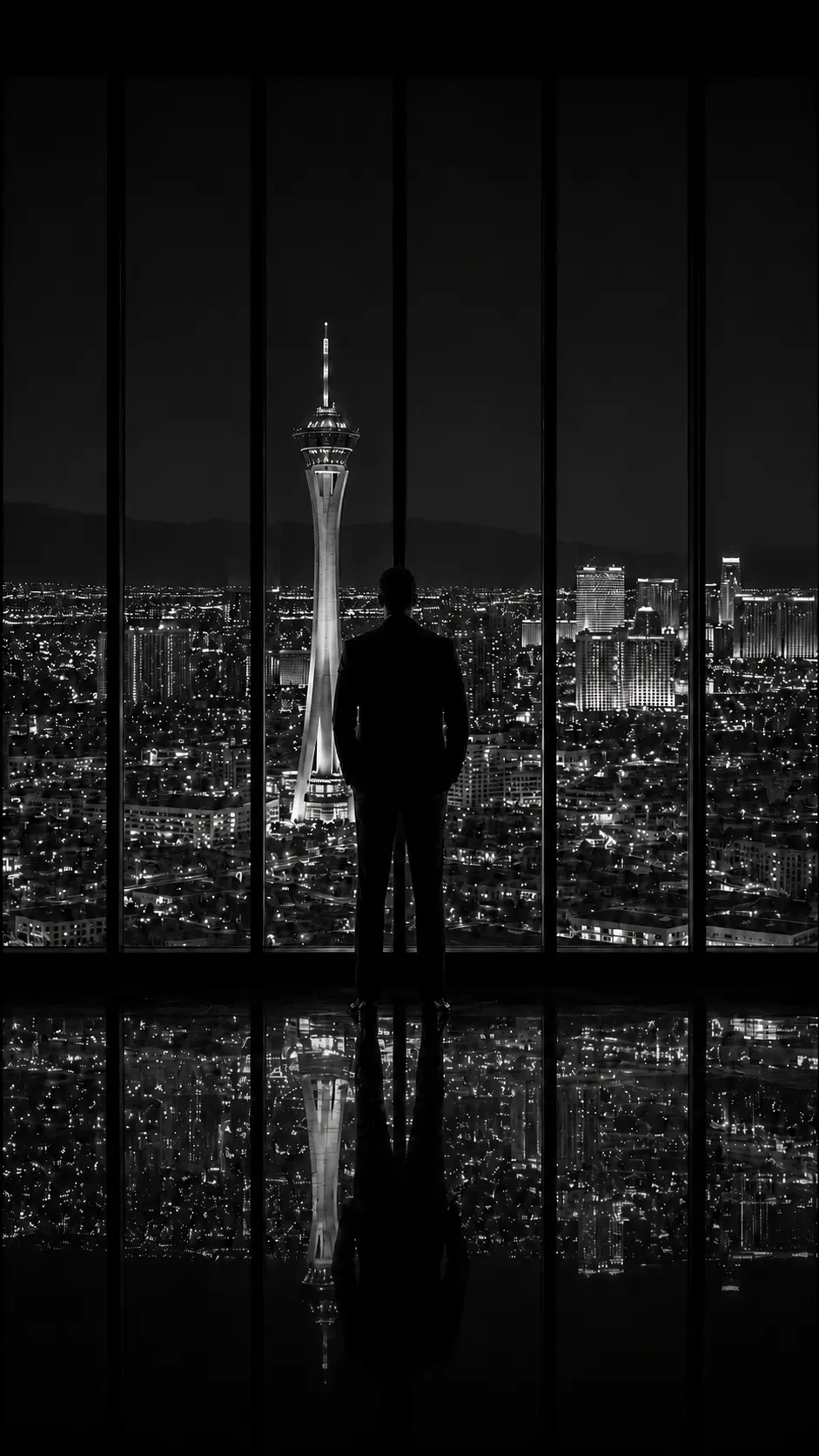 Leon seen from behind overlooking Las Vegas from the windows of Legacy Club at night