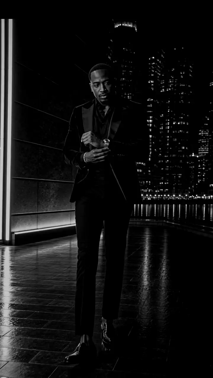 Leon walking through a dark city passage in a black velvet suit