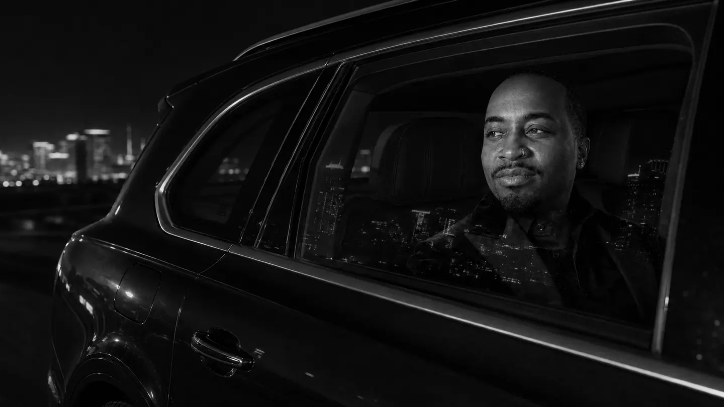 Leon, founder of Back of the Bent, seated alone in the rear of a Bentayga at night