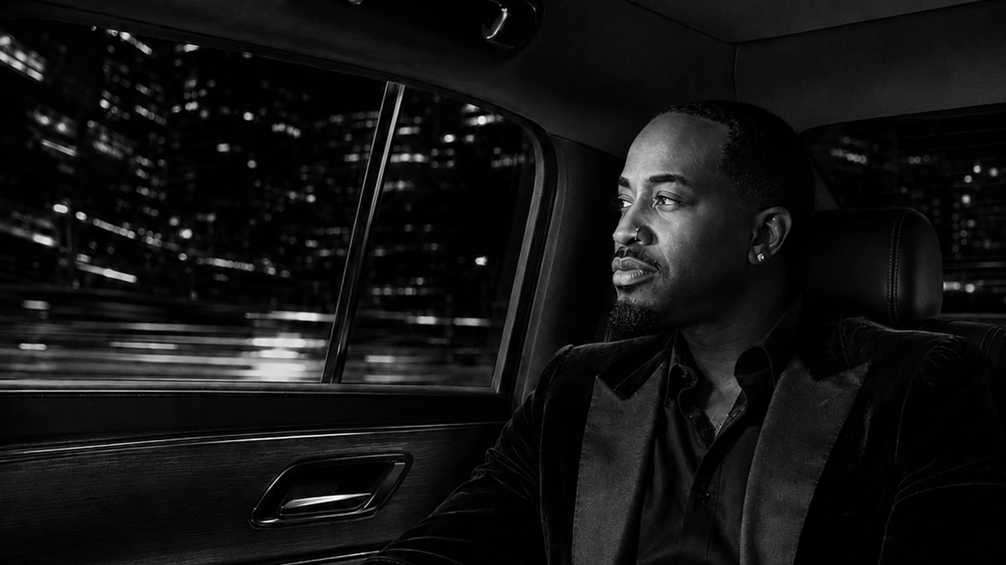 Leon looking out at the city from the rear cabin at night
