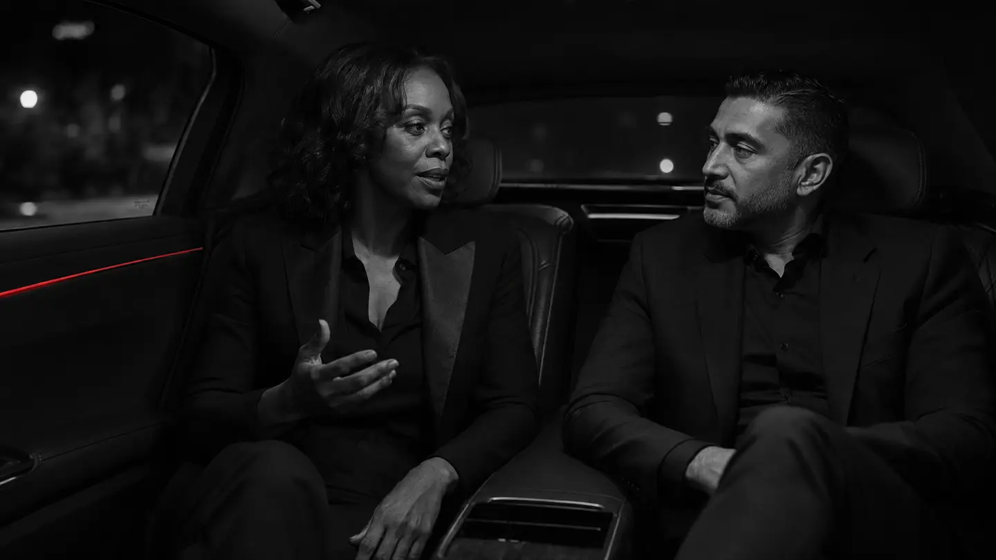 Two people speaking and listening inside a quiet vehicle at night