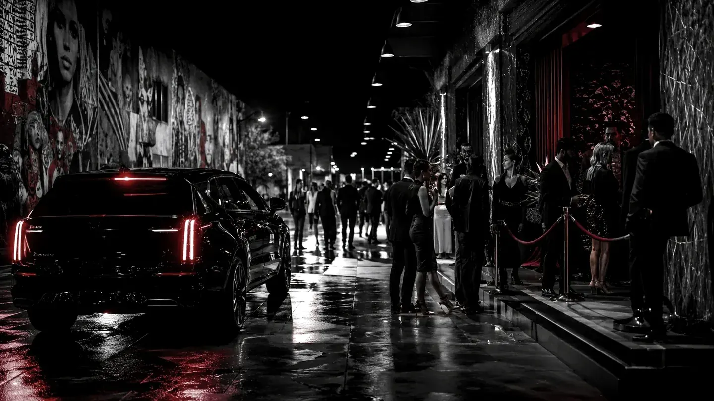 People gathering near a dark vehicle at the threshold of an evening